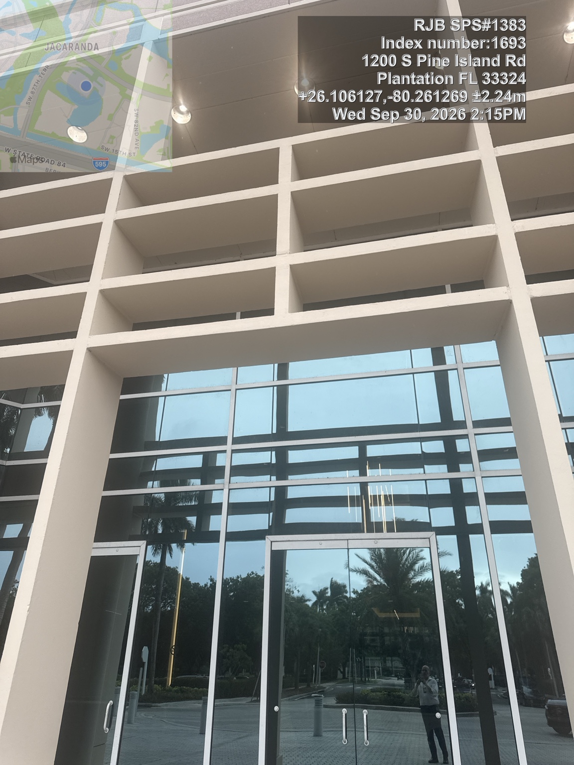 Building entrance at 1200 South Pine Island Road, photographed September 30, 2026 at 2:15 PM, with RJB SPS #1383, address, GPS, and timestamp overlay