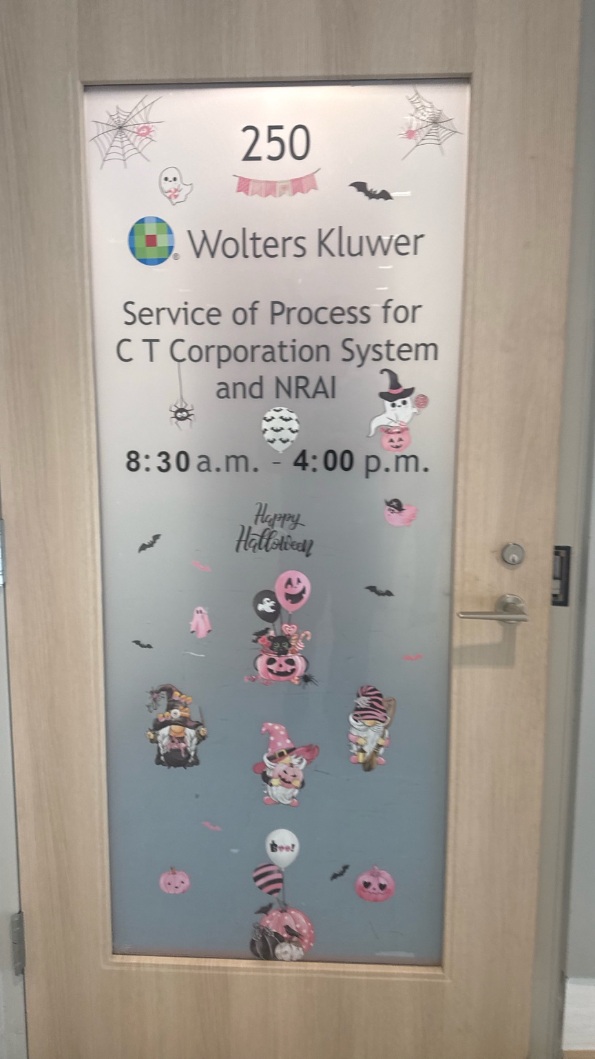 Suite 250 door sign for CT Corporation System and NRAI