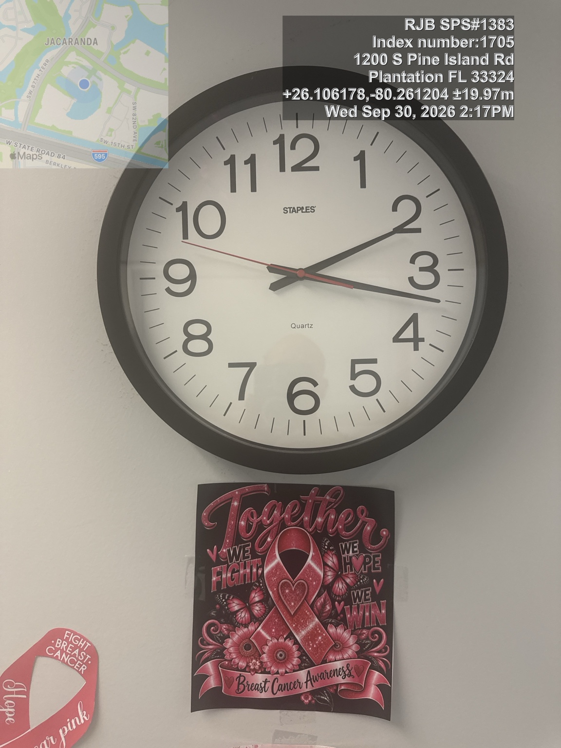 CT intake-area clock photographed September 30, 2026 at 2:17 PM, with RJB SPS #1383, address, GPS, and timestamp overlay