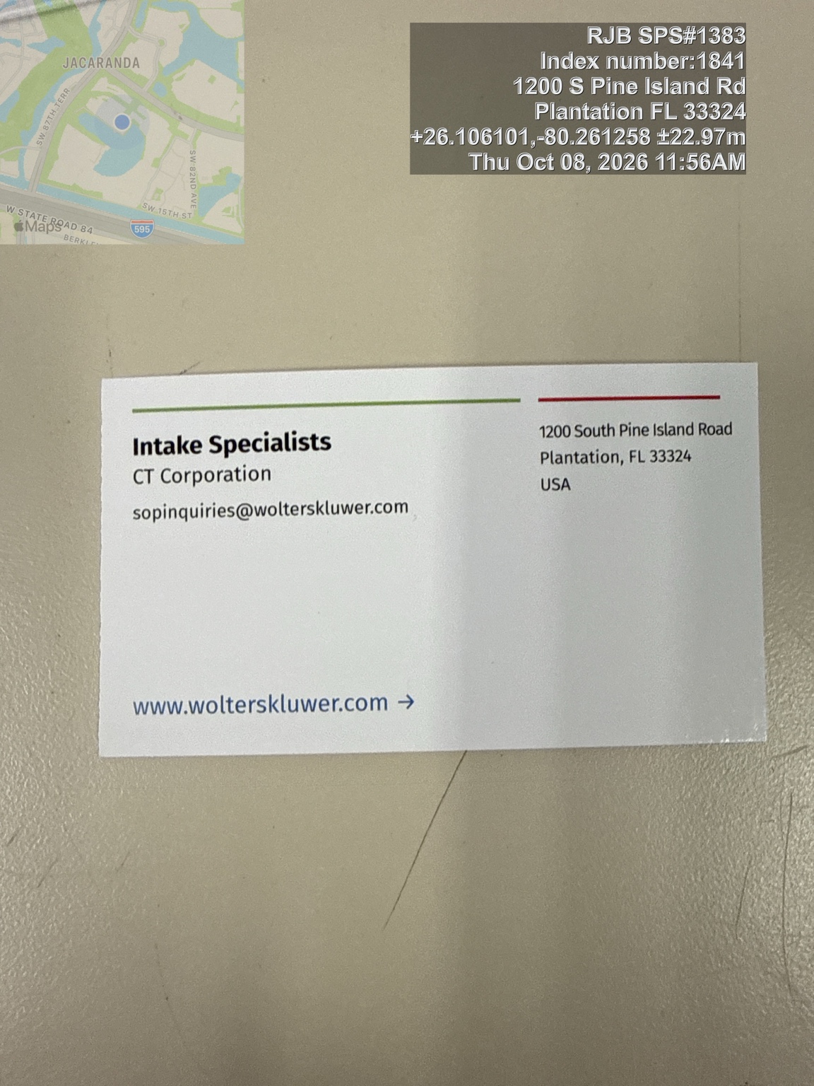 Intake card — photo timestamp October 8, 2026, 11:56 AM Eastern